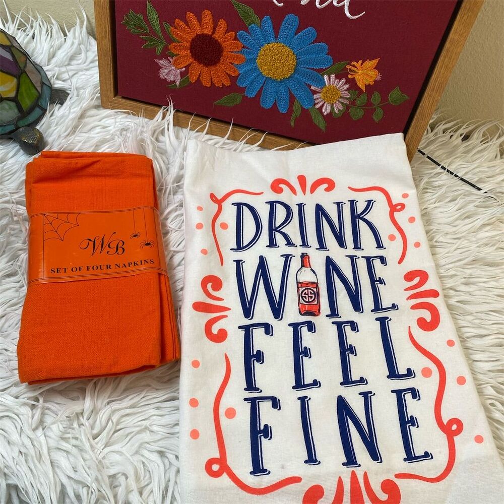 Simply Southern "Drink Wine Feel Fine" Tea Towel & Napkin Set Orange